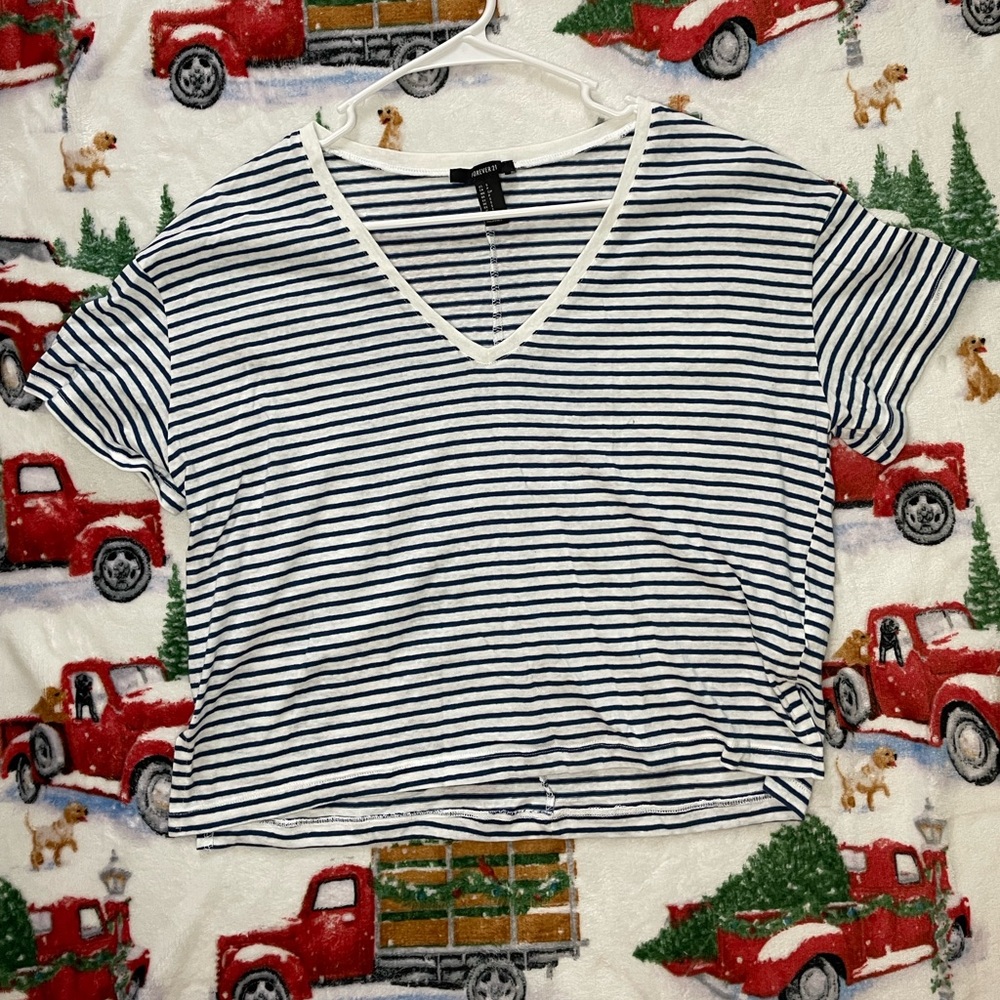 Forever 21 Blue&White Striped V-Neck T-Shirt {Size Small}